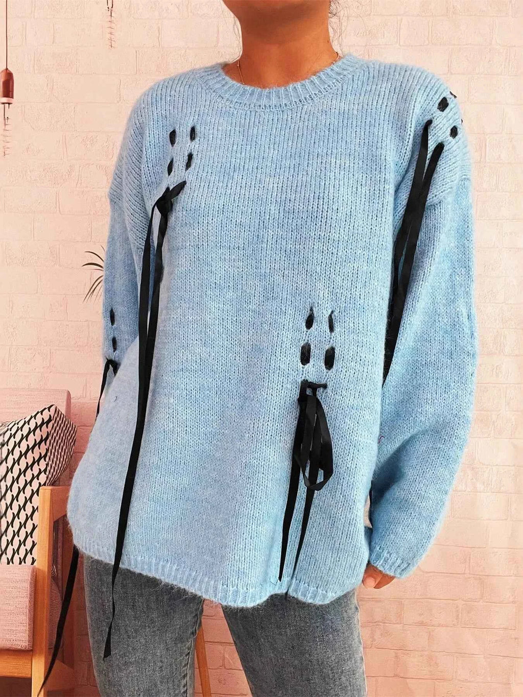 Round Neck Long Sleeve Sweater with Ribbon Details b17a39fcc9d04d69940a9b692a437c71-Max-Origin