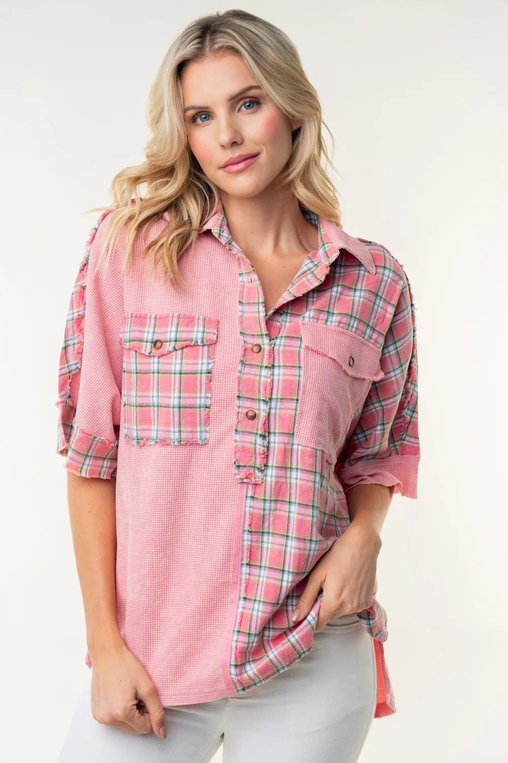 White Birch Plaid Color Block Half Button Top b19fd30c-a33c-4bdf-ac5b-03ac32061027-Max