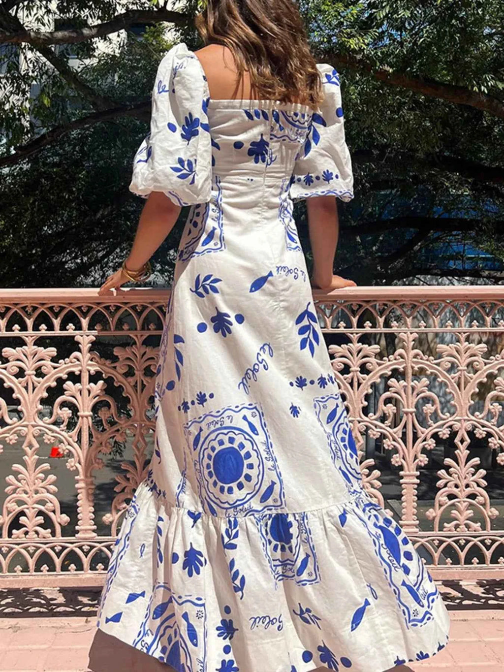 Floral Square Neck Puff Sleeve Maxi Dress with Ruffle Hem b1a7752bf20e41b7b17c8516530161f7-Max-Origin