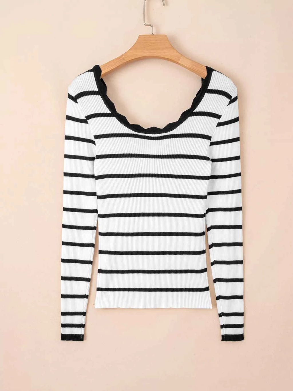 Scalloped Trim U Neck Striped Ribbed Slim Knit Top b1ac1e1653e74fb1868984ad9b6536cf-Max-Origin