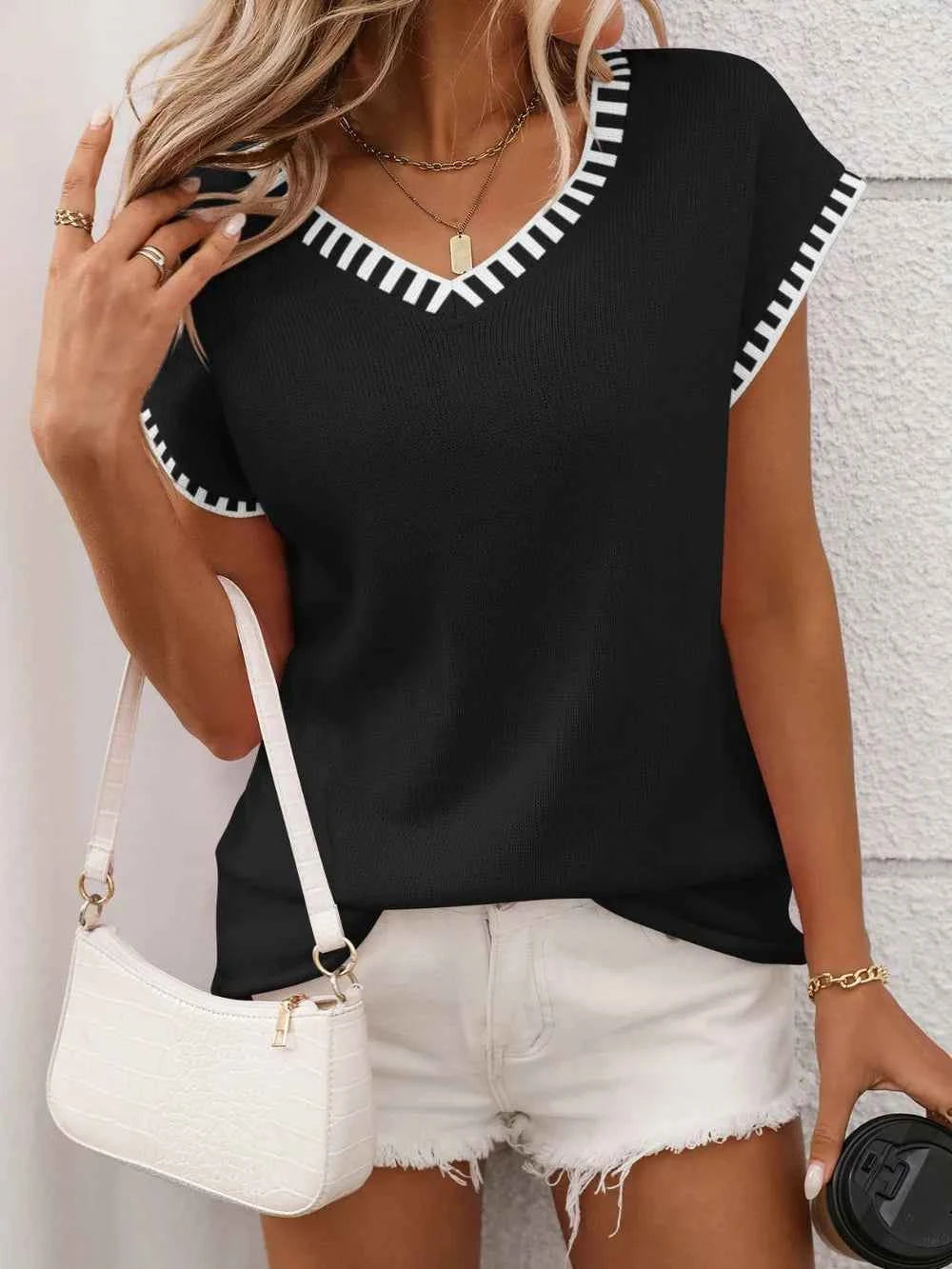 Contrast Trim V-Neck Short Sleeve Knit Top Black b1c76f44-2325-4866-869e-d240c2b1fbc8-Max