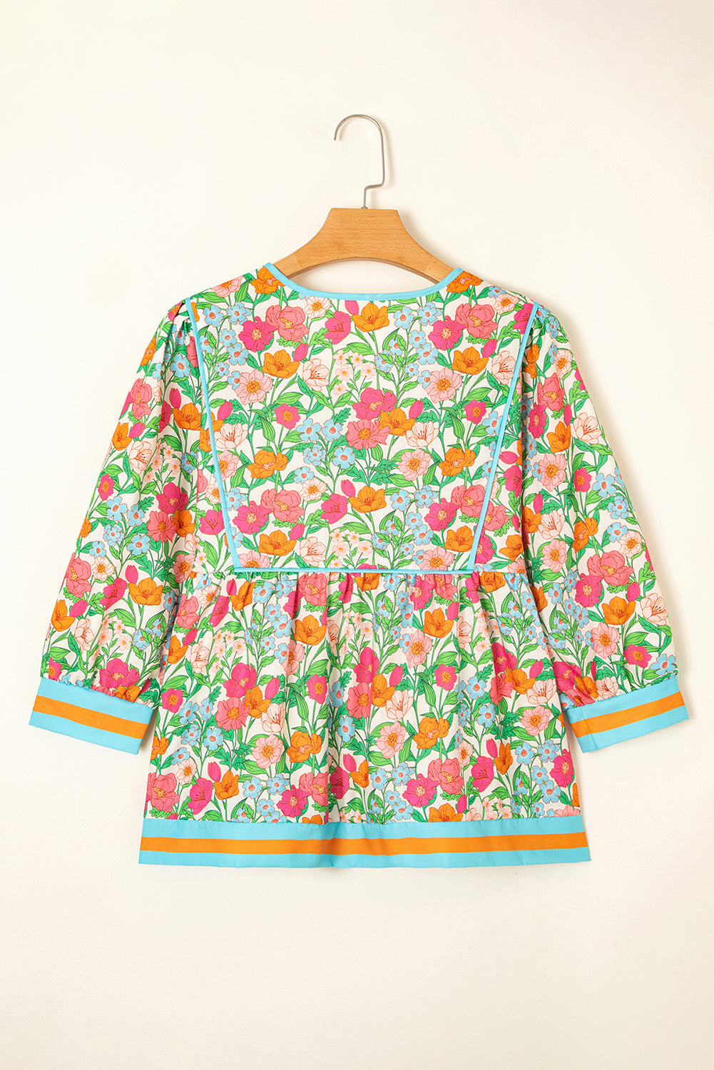 Green Floral Print Striped Trim Puff Sleeve Babydoll Blouse b1d4e37905531195