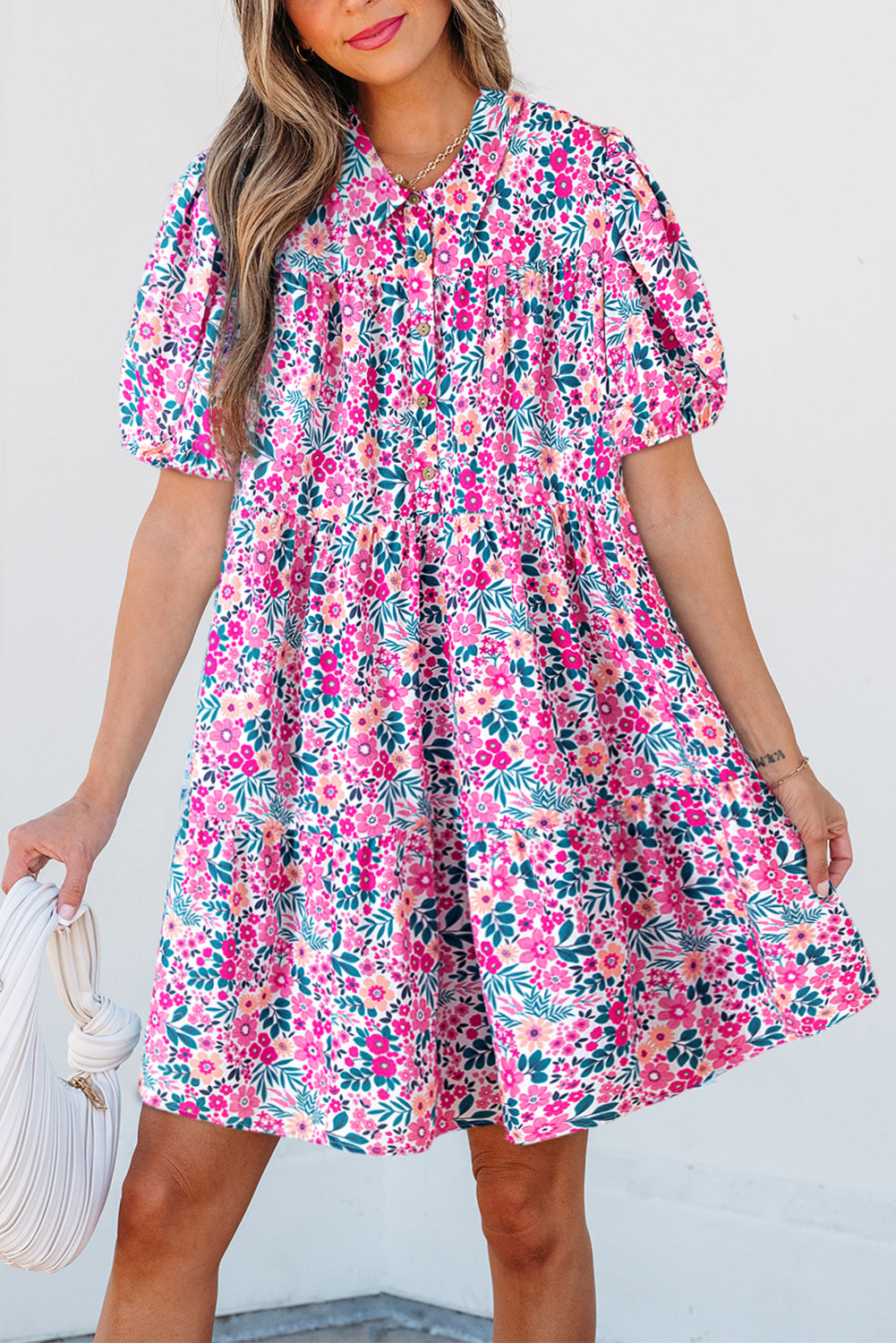Pink Allover Floral Print Collar Half Button Short Sleeve Loose Dress Pink b1d50d59e27291bd