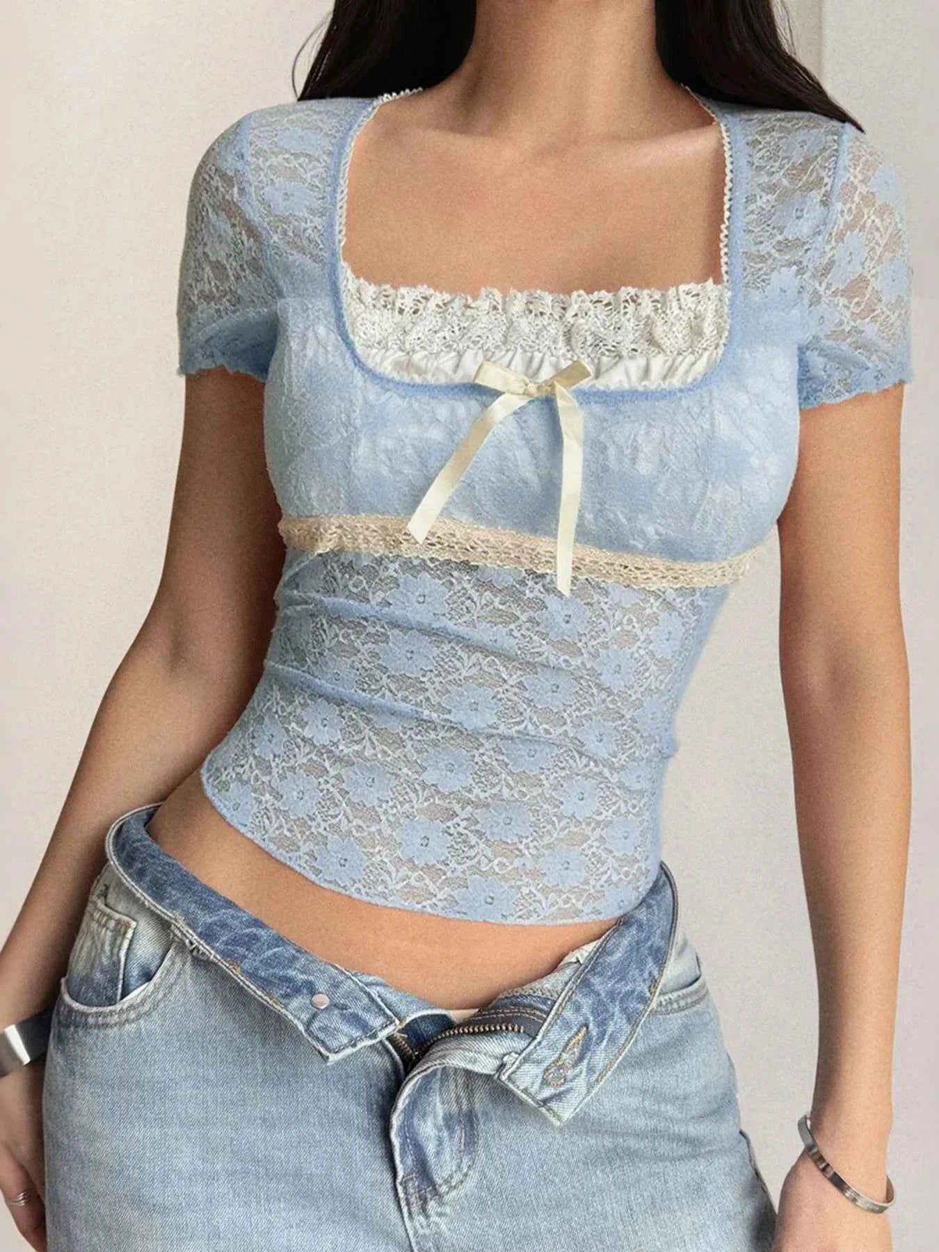 Lace Short Sleeve T-Shirt with Bow Detail b1d612c2-113a-48a7-adc8-6ac86912d5bc-Max-Origin