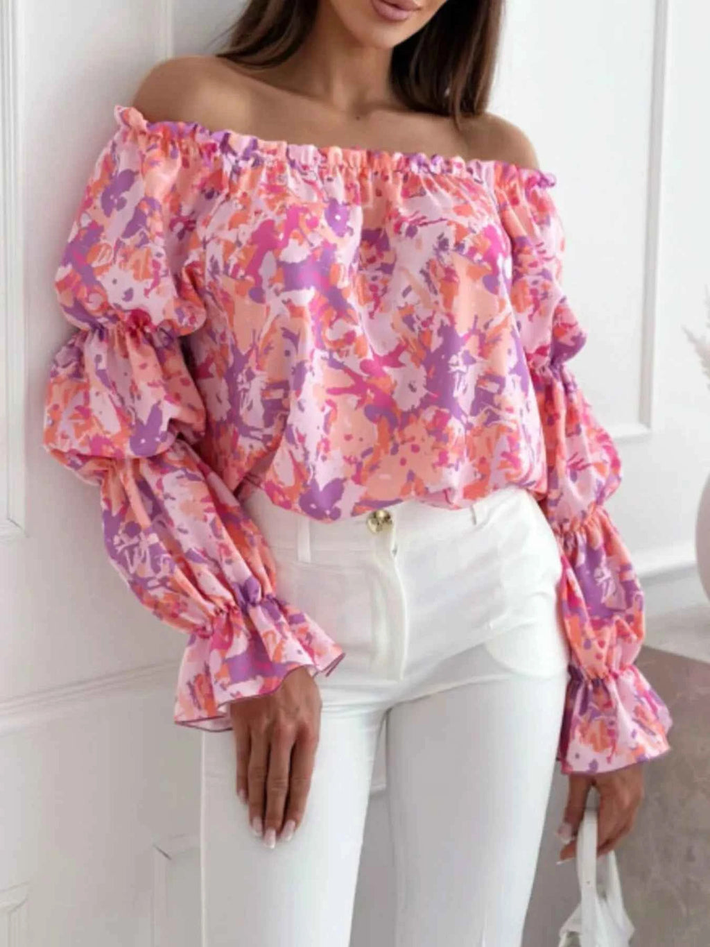 Off-Shoulder Floral Ruffle Blouse with Elastic Neckline b1d78383-09e4-4e2b-845d-024d9f10cb65-Max-Origin