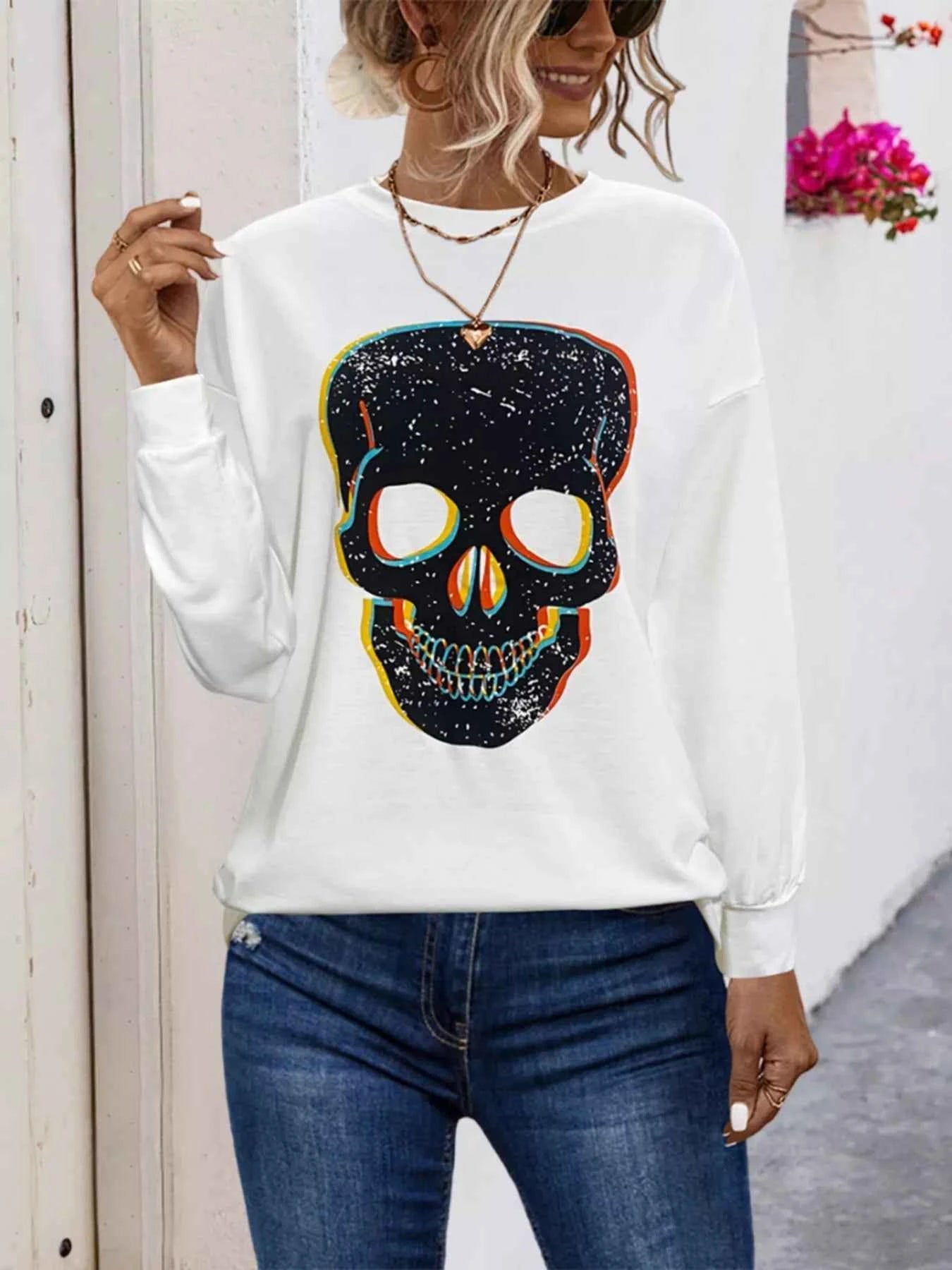 Graphic Round Neck Dropped Shoulder T-Shirt White Skull Print b1deb894-0df1-4871-8645-1cc3203dafe8-Max-Origin