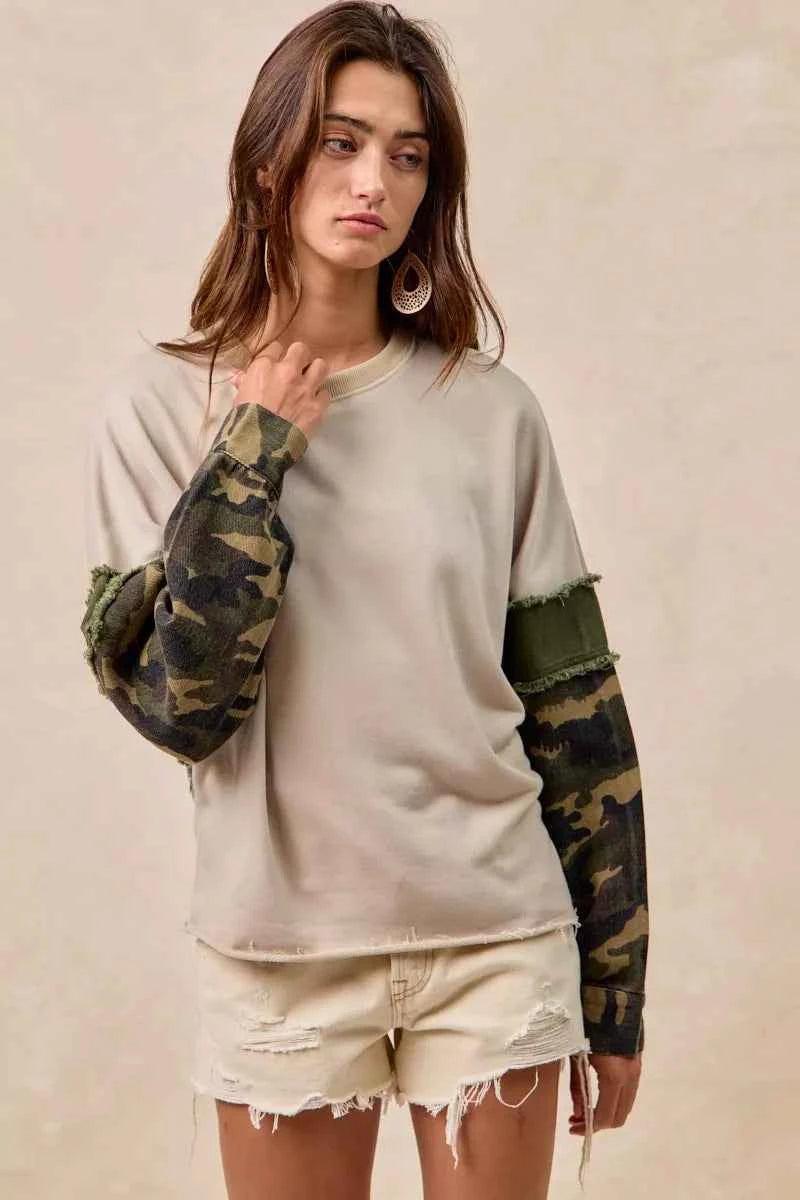 BiBi Camo Sleeve French Terry Top with Frayed Edge b1dfae22814248ae99dd8580321685c0-Max-Origin