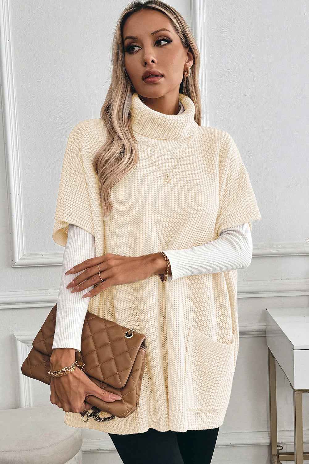 Jet Stream Plain Knit Casual Turtleneck Short Sleeve Tunic Sweater with Pockets b1eeb3c9bde29929