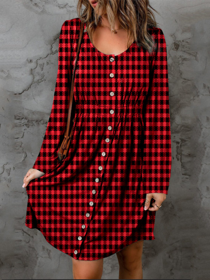 Double Take Full Size Plaid Round Neck Long Sleeve Magic Dress Deep Red b1efe125513e42eebf52390b642496d8-Max
