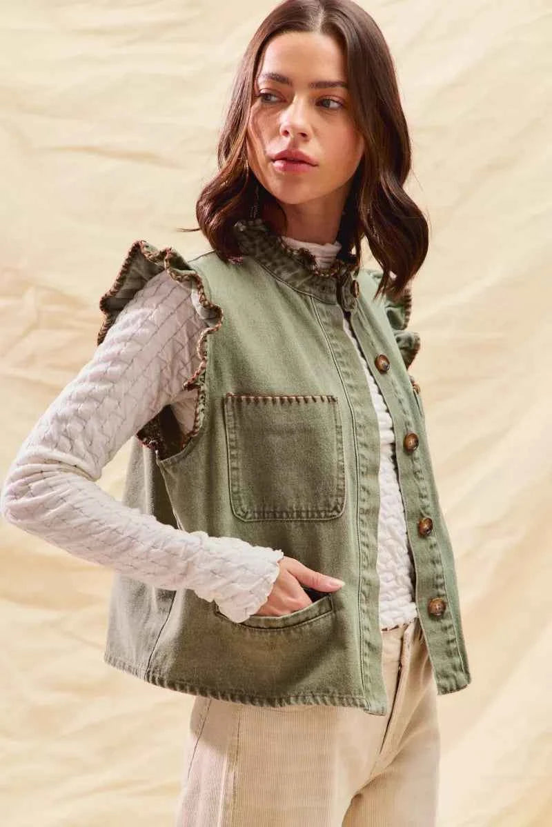 SO ME Washed Denim Stitch Ruffled Hidden Button Vest Top b1f21f7442b247959274d26713a56b5e-Max-Origin
