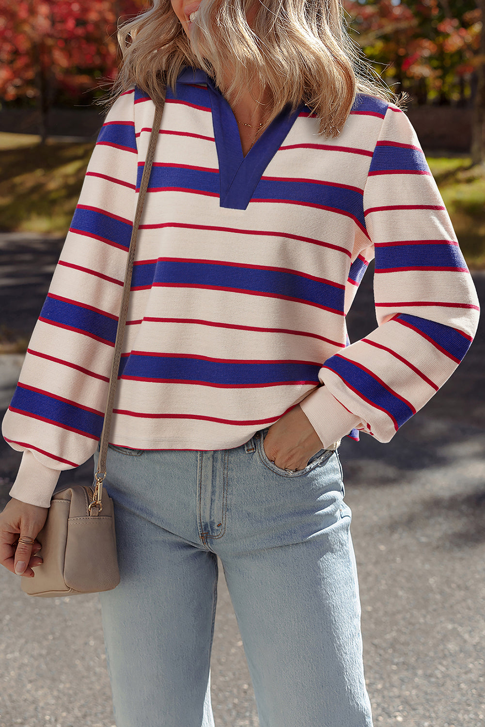 Blue Stripe Colorblock V Neck Collared Sweatshirt Blue Stripe 50%Polyester+50%Cotton b204d3192d680b6e
