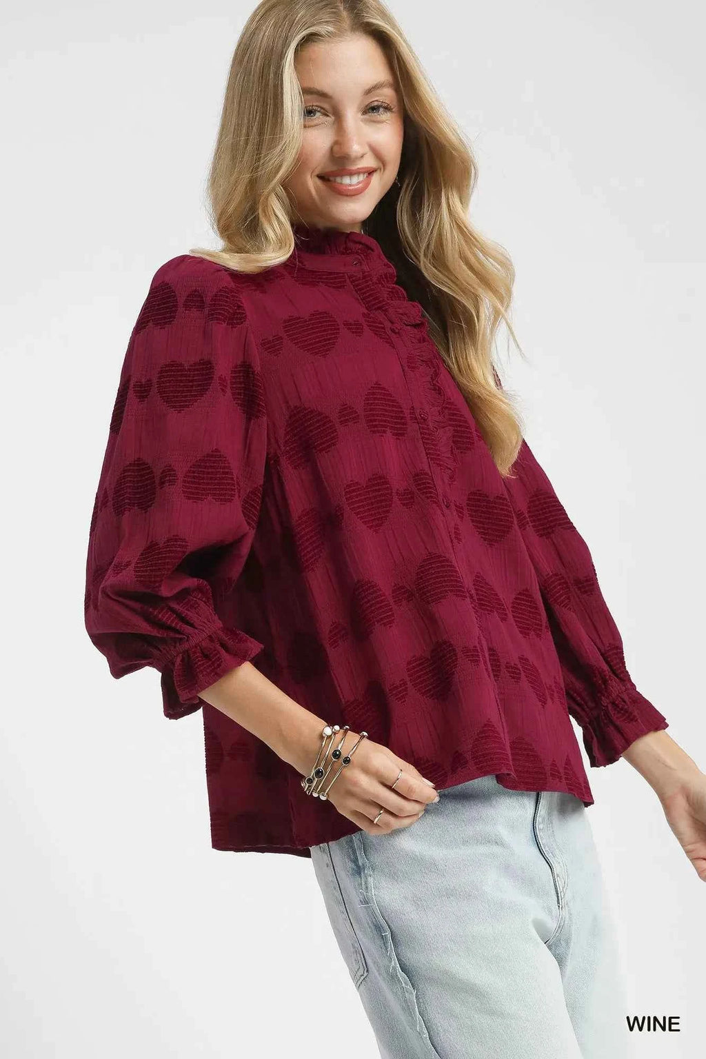 Umgee Heart Jacquard Ruffle Trim Shirt b20896ce-e41b-4727-9736-f12effe366a4-Max-Origin