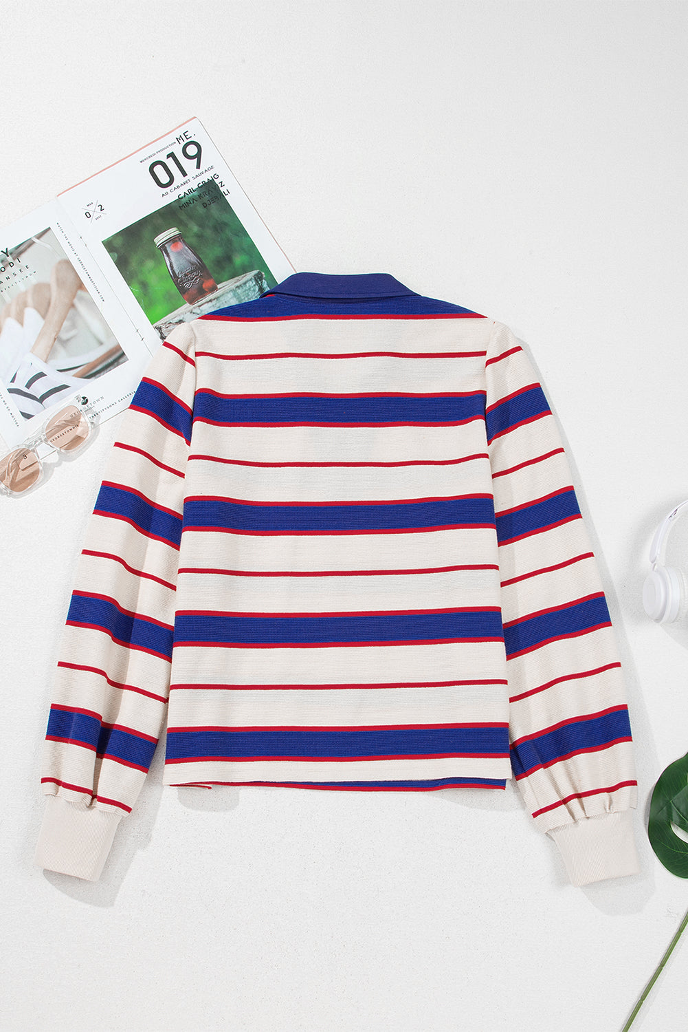 Blue Stripe Colorblock V Neck Collared Sweatshirt b20c66ed26ee1bbd