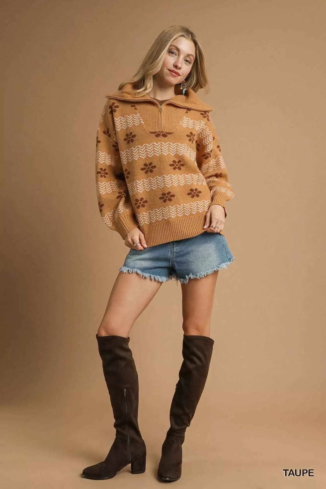 Umgee Floral Patterned Jacquard Quarter-Zip Pullover Sweater b2162073-f648-4aa1-9f84-4ab3e525990f-Max-Origin