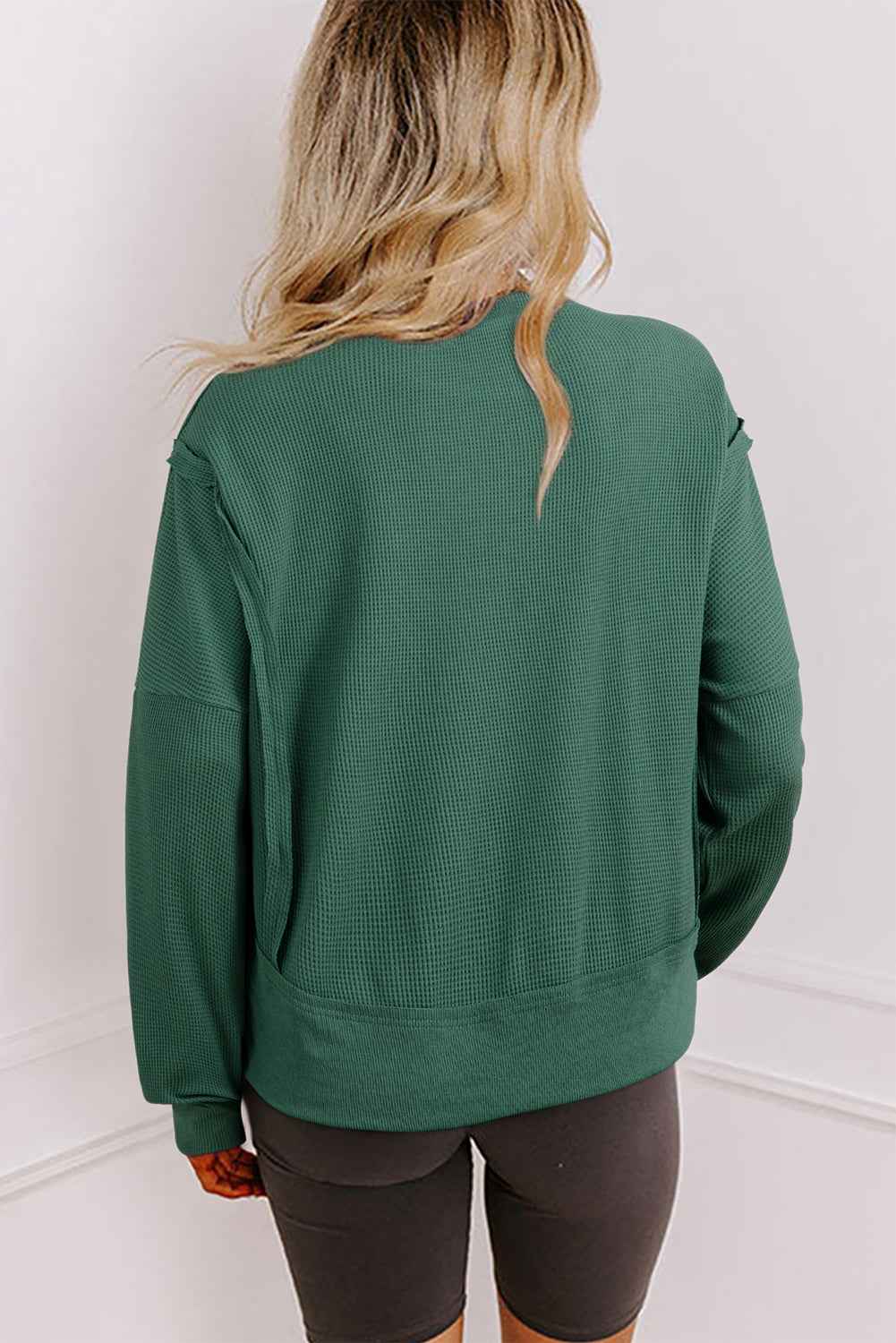 Evergreen Solid Color Raw Seam Patchwork Ribbed Drop Shoulder Sweatshirt b21940545da38cd2