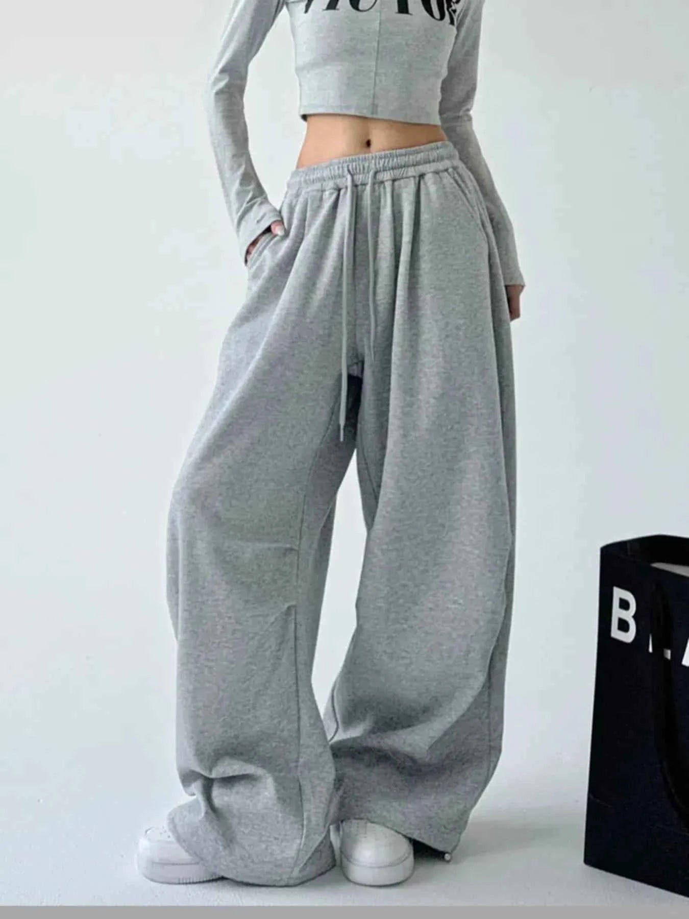 Oversized Wide Leg Drawstring Pants Gray b2502b2e51a94bbb8693822e2c74d0ae-Max-Origin