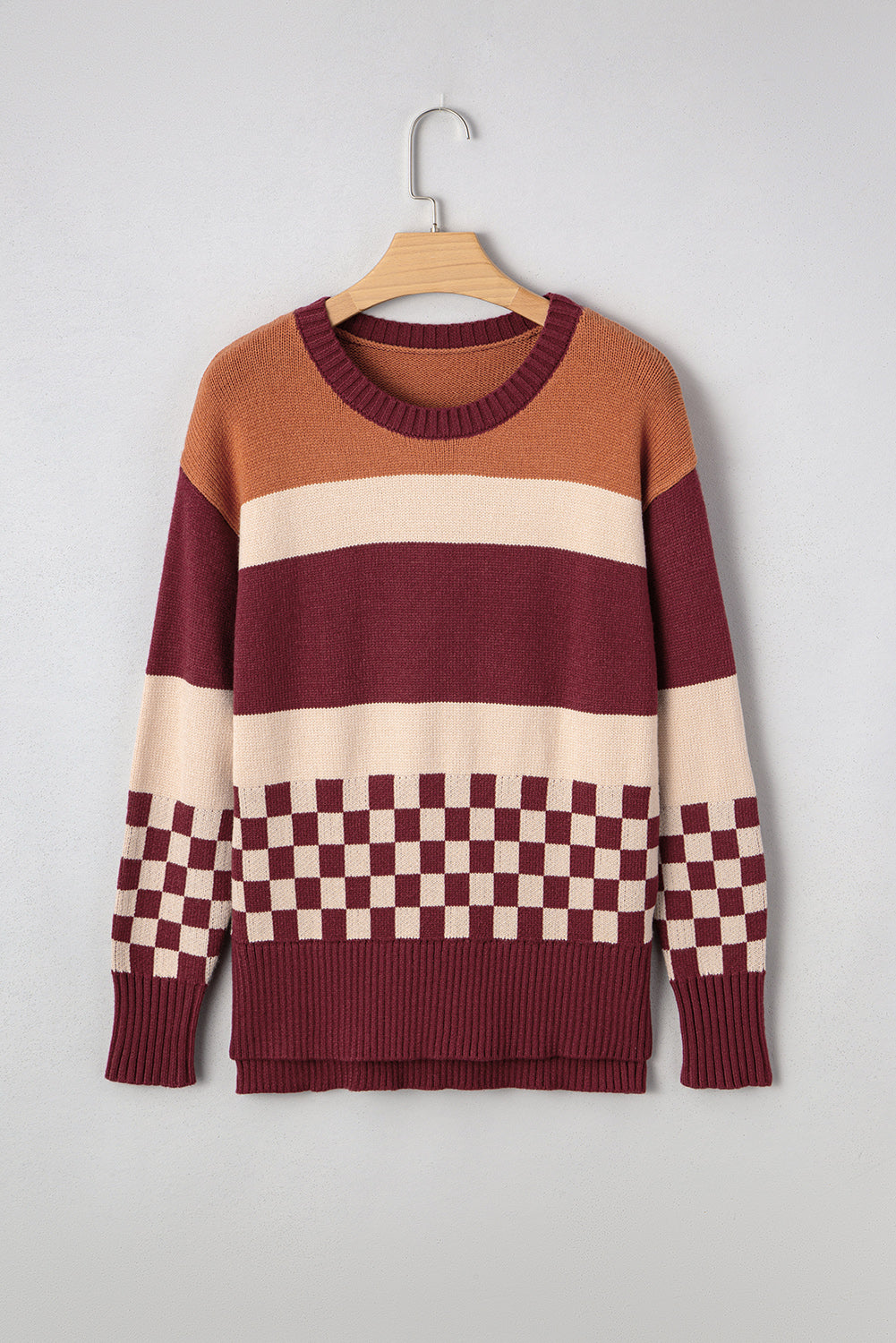 Brown Checkered Colorblock Knitted Drop Shoulder Sweater b263a2fc53ed20b3