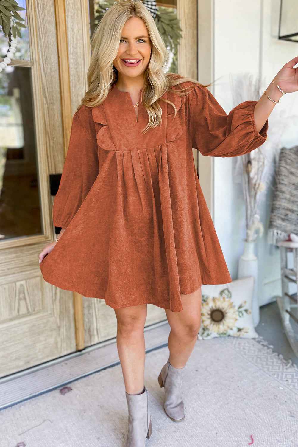 Moss Green Split Neck Scallop Detail Pleated Corduroy Mini Dress b275e63fe879fa7c