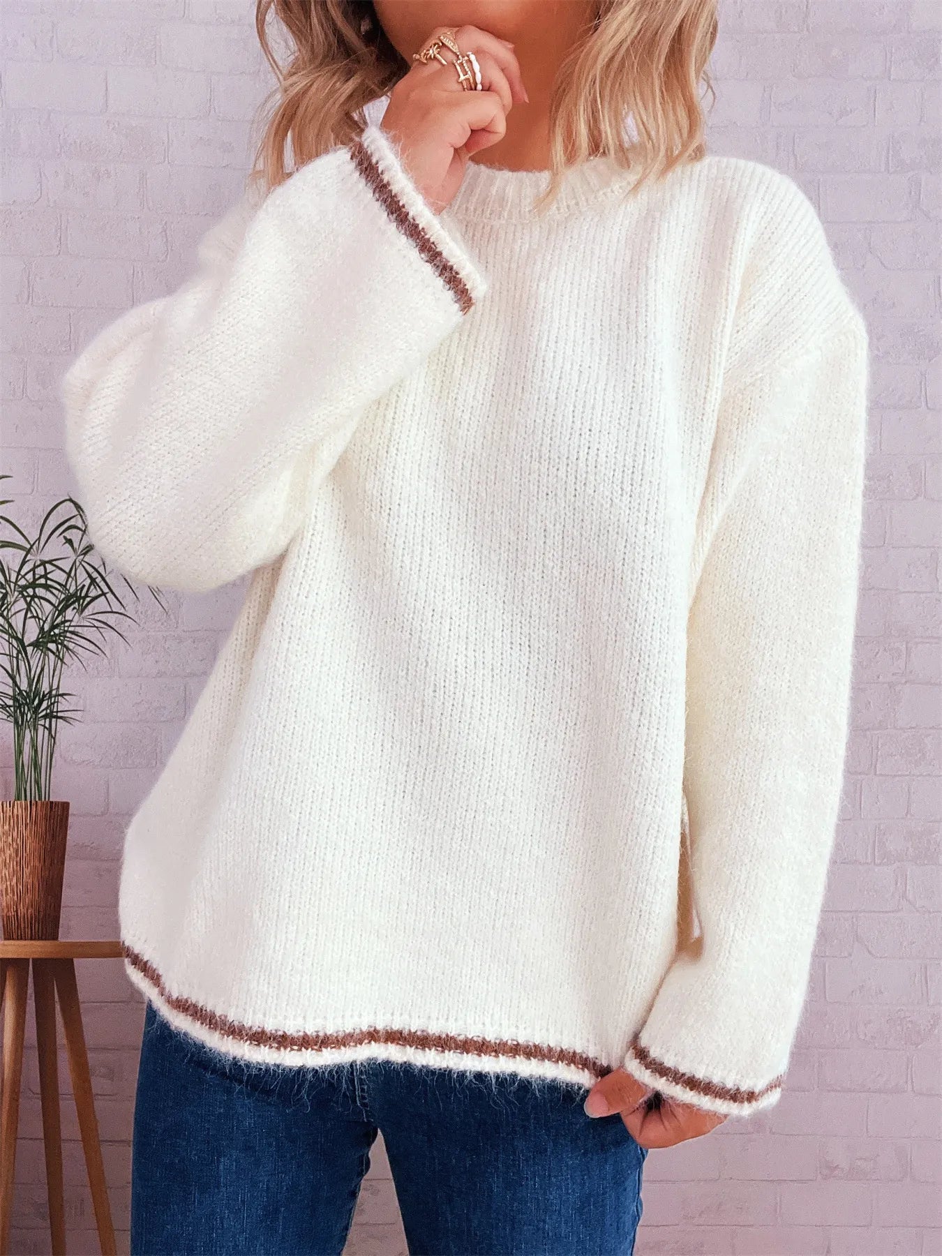 Contrast Trim Round Neck Cozy Sweater b276513b048f4dc588045a3ed89d97be-Max-Origin