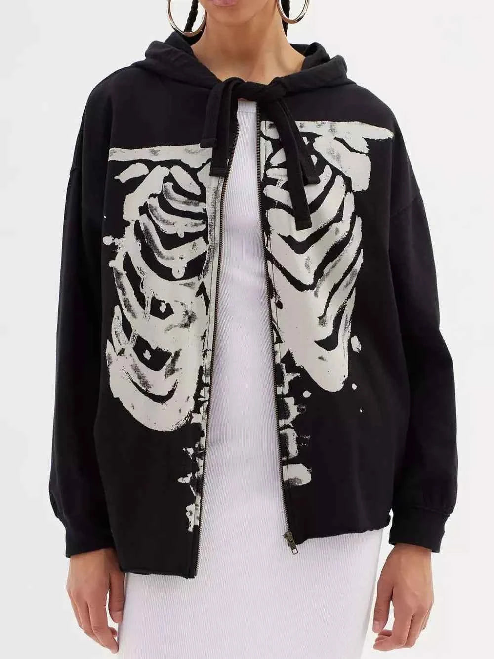 Skeleton Zip Up Drawstring Hoodie Black b27c1e7f-6f63-4ec9-90d0-abe5ead92b9c-Max