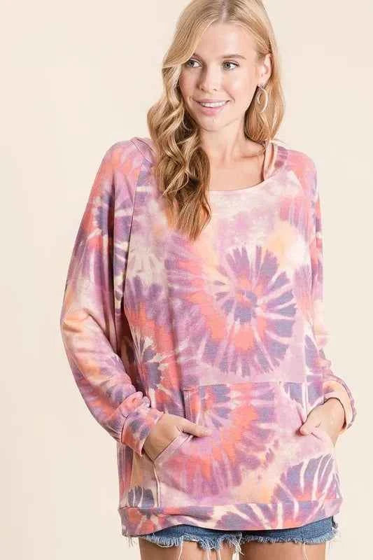BiBi Circular Tie Dye Print Terry Hoodie with Kangaroo TIE DYE b28091e6ed1745d384665dcf00c7a858-Max-Origin