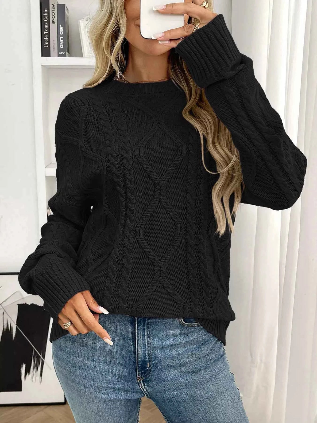 Cable Knit Round Neck Long Sleeve Sweater b28f0775cacc4f1cba62ff0e81f6b385-Max-Origin