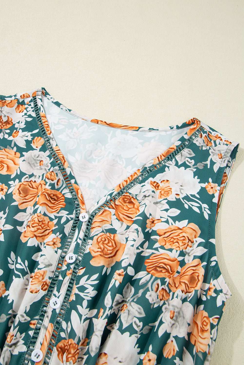 Green Floral Print Trimmed V Neck Sleeveless Vacation Dress b296023102057a5c-_7