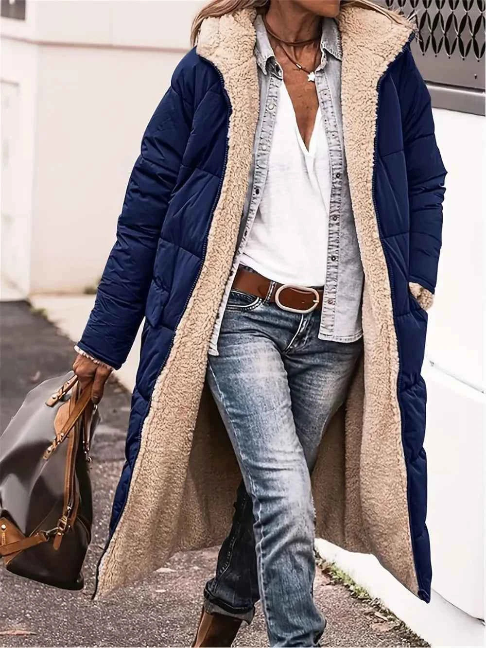 Full Size Zip Up Sherpa Hooded Coat Dark Blue b2992eed-a80c-45fe-8822-3ddd73f84b75-Max