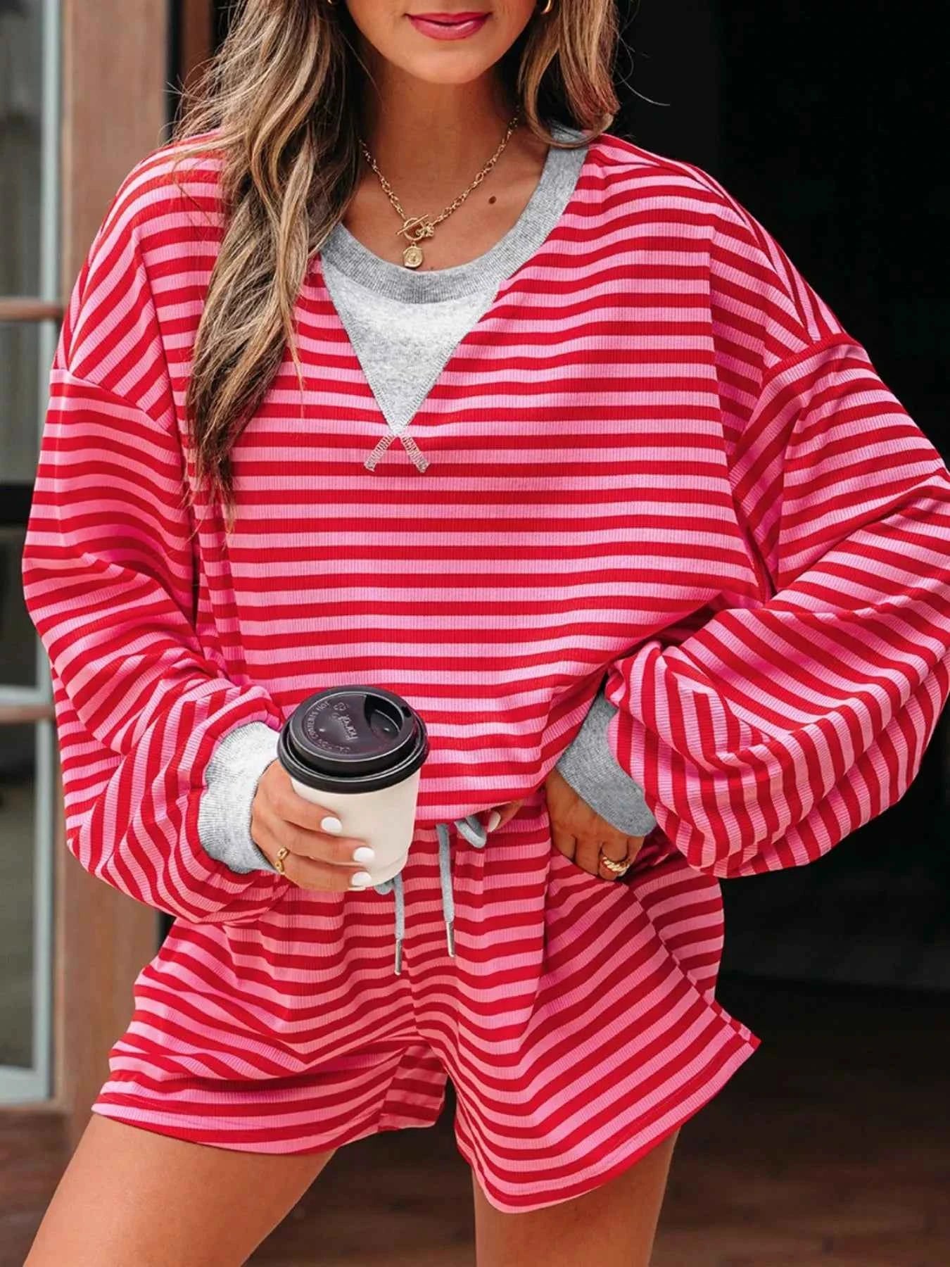 Stripe Drop Shoulder Baggy Top and Shorts Casual Set b29ae1bc-eeb9-451d-a3ed-b04233835255-Max-Origin