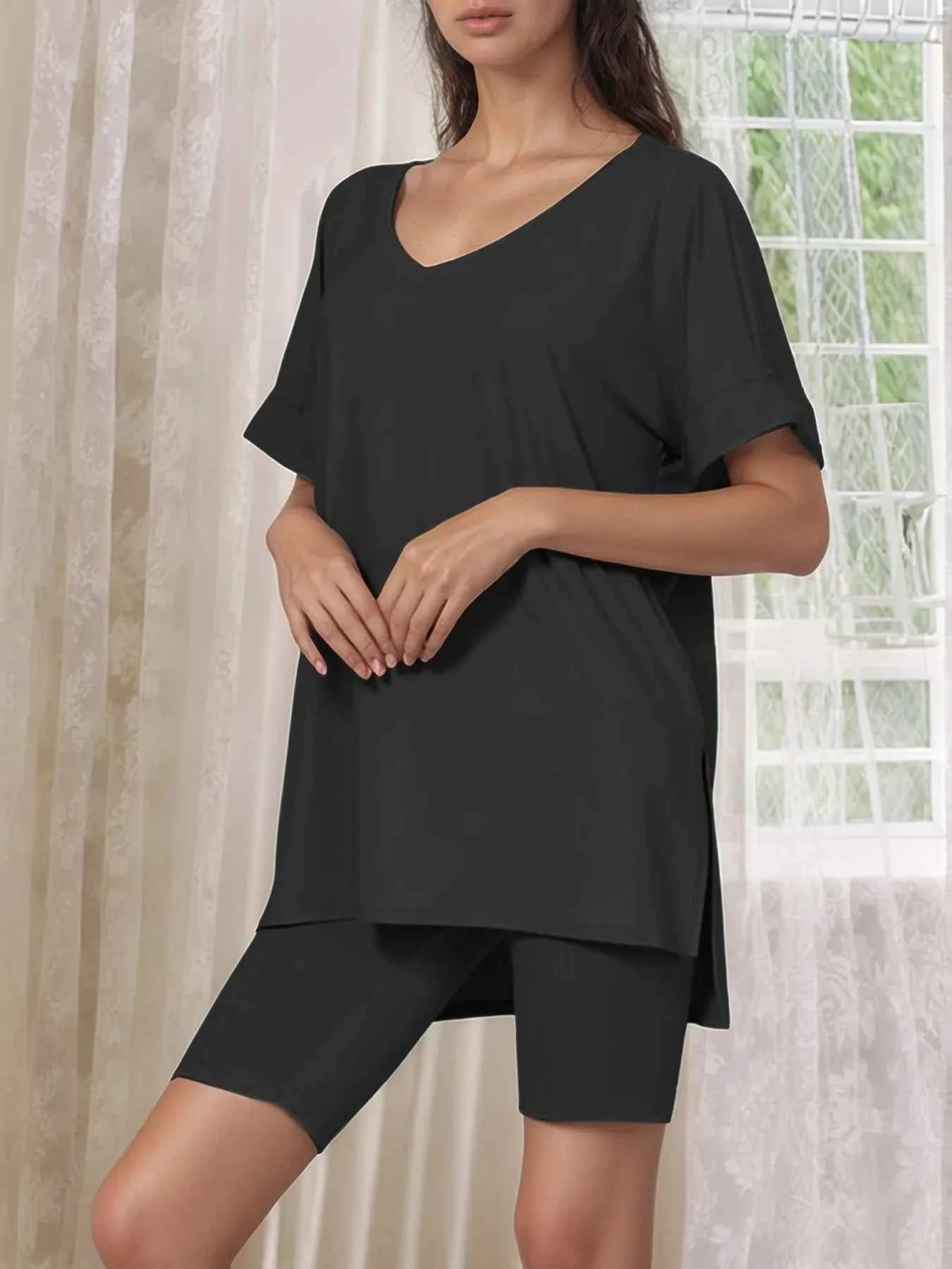 V-Neck High-Low T-Shirt and Shorts Set b29dfeec-f2f6-41a4-8c8b-23d586f2894c-Max-Origin