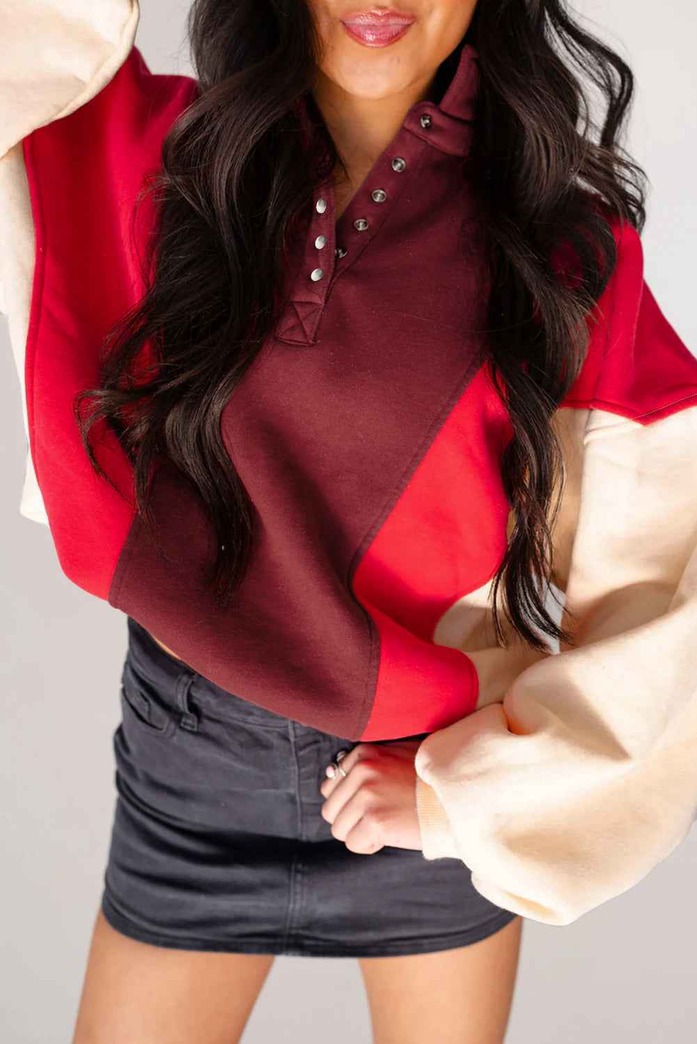 Fiery Red Colorblock Patchwork Oversized Sweatshirt Fiery Red 70%Polyester+30%Cotton b2ad76372cb8f7ec