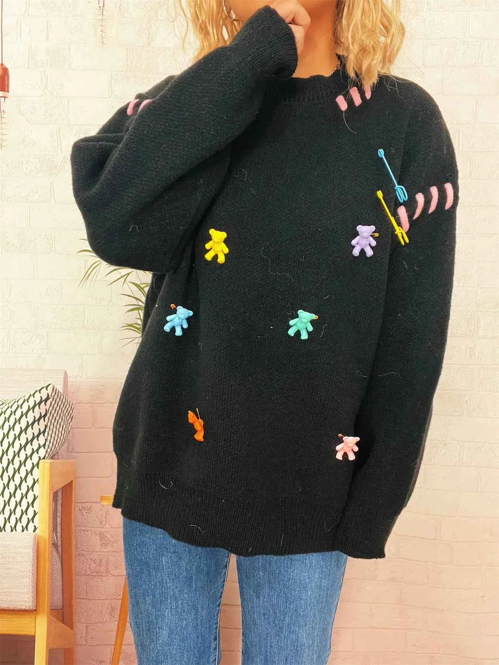 Bear Decoration Round Neck Sweater b2b207c706ff474e8f6c5fec4396cad9-Max-Origin