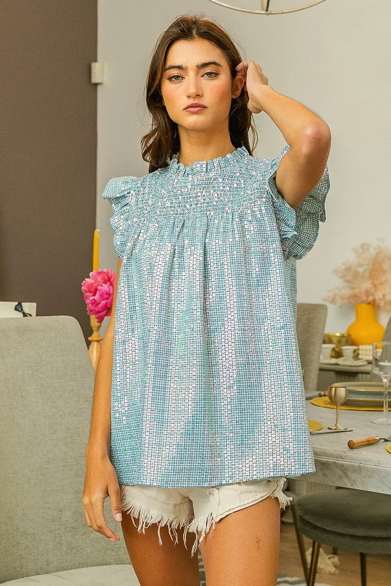 BiBi Clear Sequin All-over Gingham Smocked Top b2b9603c53444406b8f5009908f08792-Max-Origin