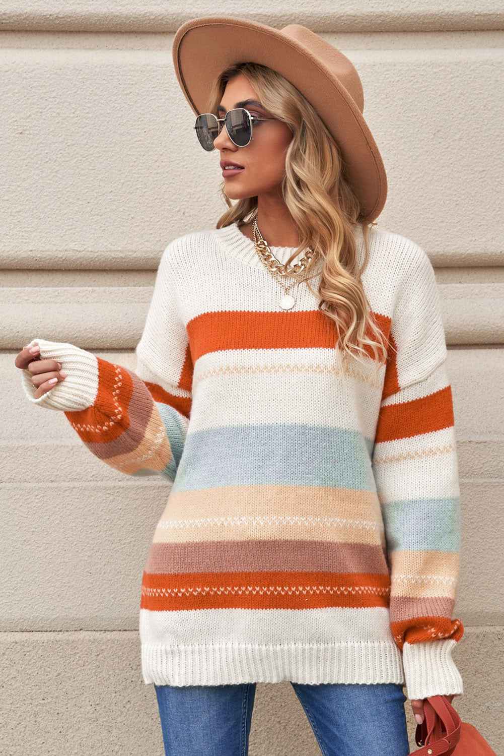 White Striped Color Block Drop Shoulder Knit Sweater b2cd5aea8114350c