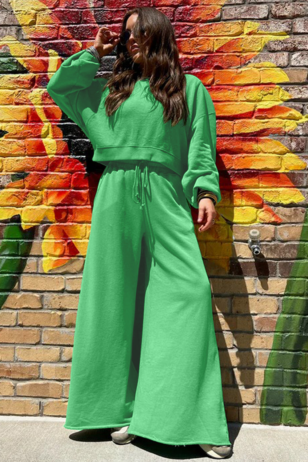 Bright Green Drop Shoulder Crop Pullover Drawstring Wide Leg Pants Set b2d251815abf035a