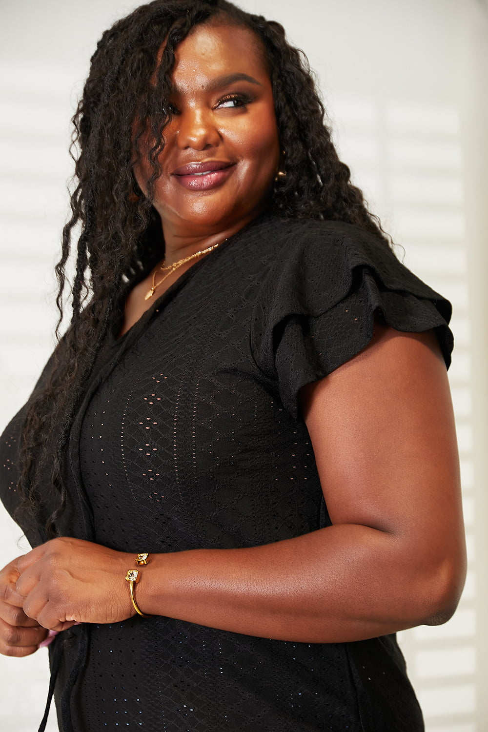 Mandy Eyelet Tie-Neck Flutter Sleeve Blouse b2e332ab7c0e4a7ea3b8bc408bda0c26-Max