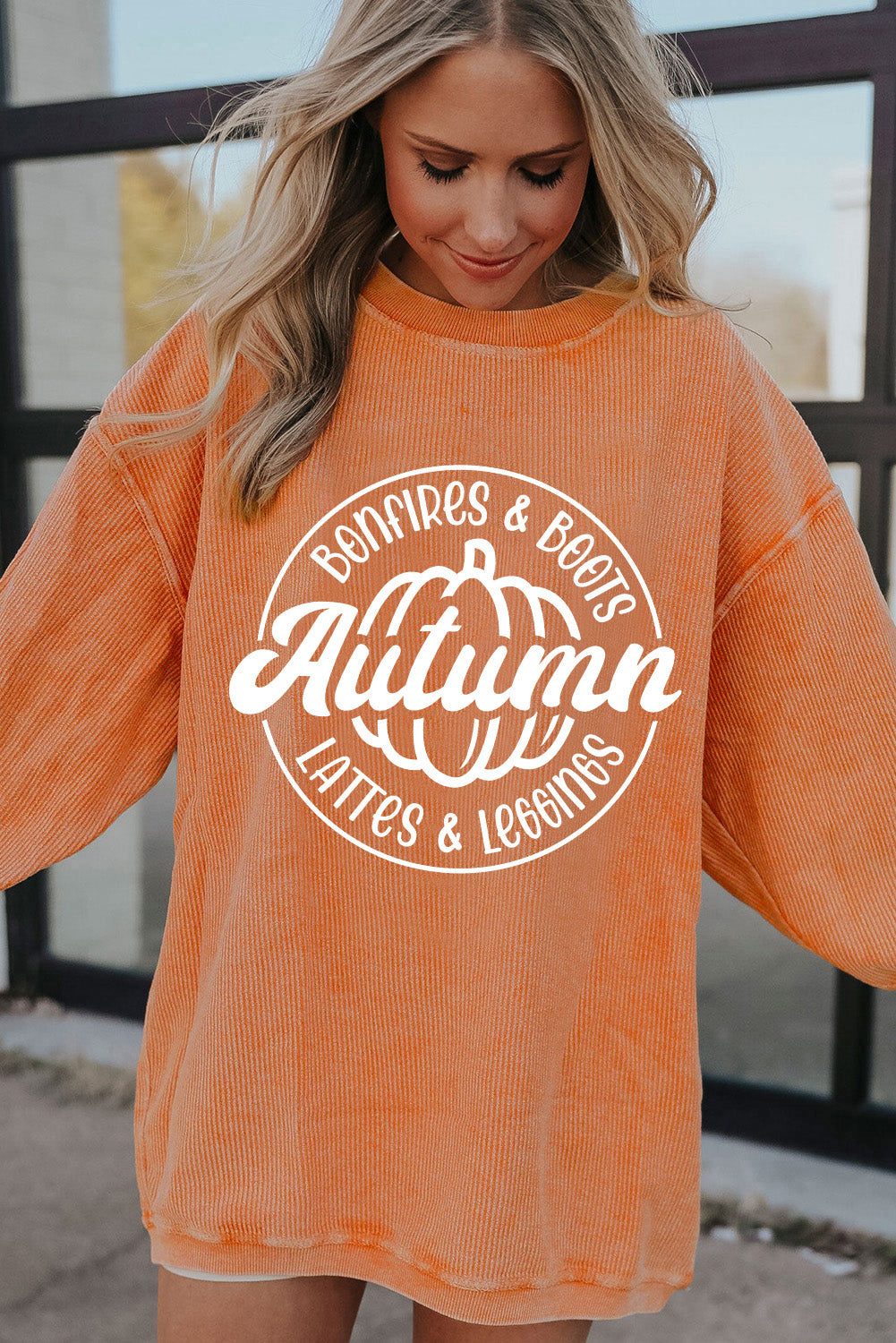 Orange Pumpkin Graphic Print Corded Oversized Sweatshirt b2e9dcdc1678b7f0