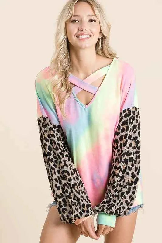 BiBi Tie Dye Terry Top with Leopard Puff Sleeves b2f6fd8d9e4543978b9e3419bf7a7929-Max-Origin