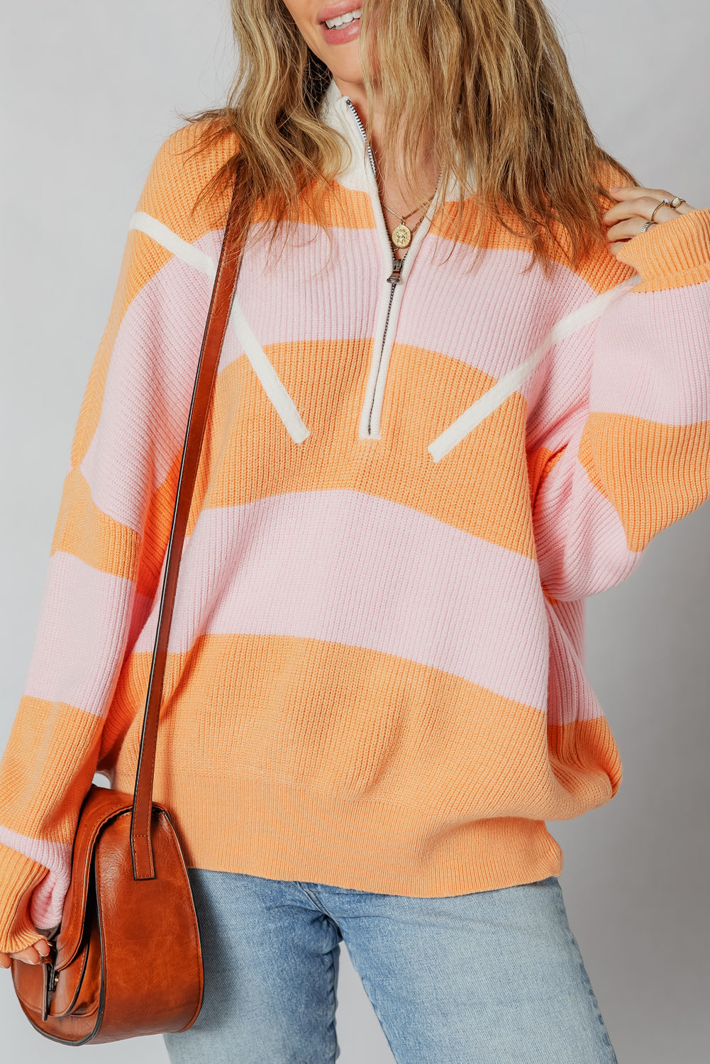 Orange Stripe Half Zip Collar Loose Sweater Orange Stripe 52%Viscose+26%Polyester+22%Polyamide b3120af39e78e23c