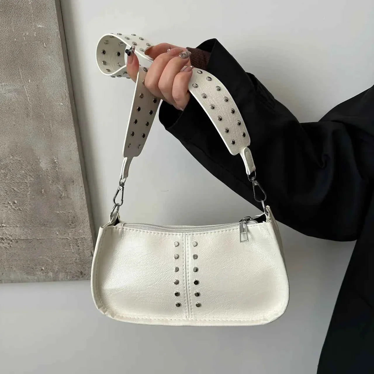 PU Leather Studded Shoulder Bag White onesize b312e51e84be4574a369a926c46d2561-Max-Origin