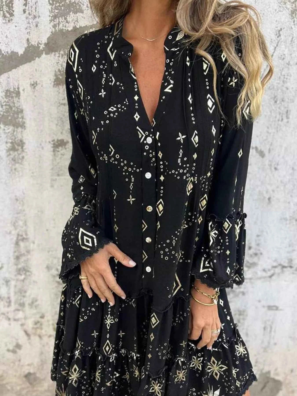 Full Size Printed Notched Flare Sleeve Dress Plus Size Black b313c2419a0b47828ab2b28ac345c403-Max-Origin