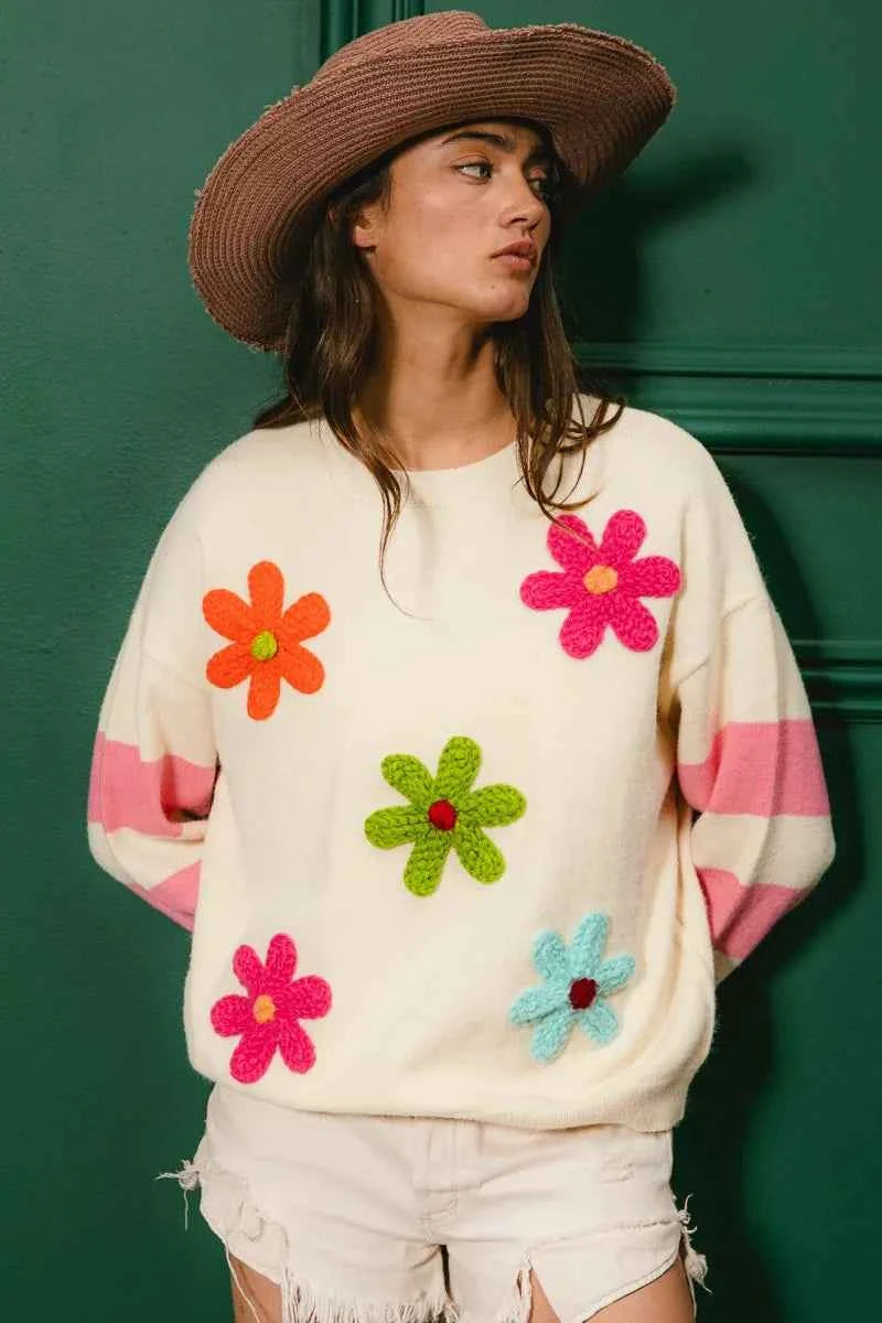 BiBi Colorful Floral Patched Sweater with Striped Sleeve b31c13b3add24d3ea9cba839c9209b48-Max-Origin