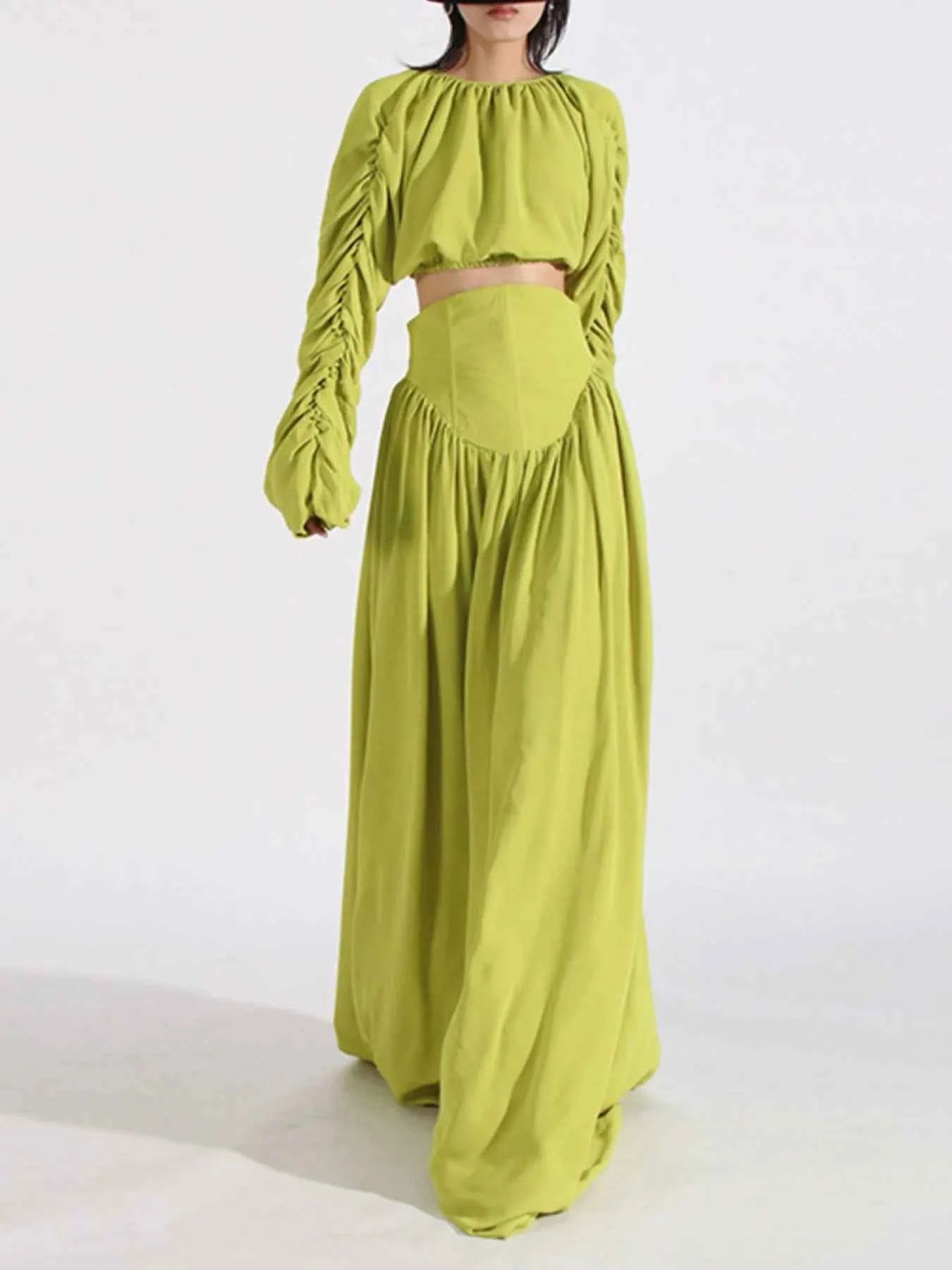 Ruched Long Sleeve Top and High Waist Skirt Set Green b33502d5-66cf-4302-99e6-1444799814aa-Max-Origin
