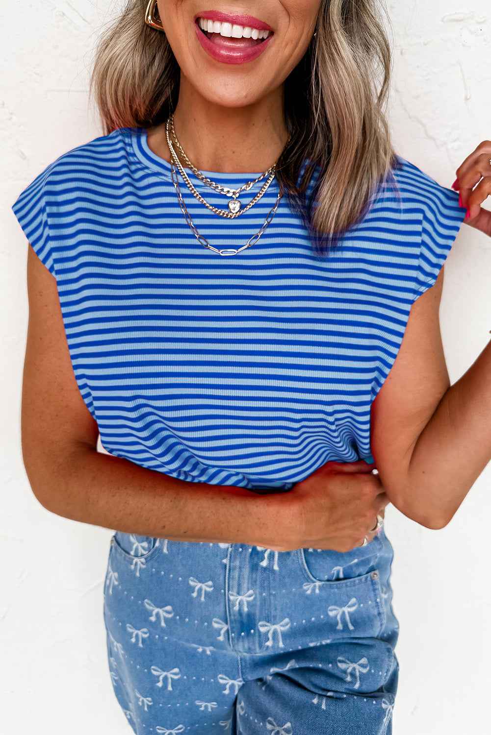Sky Blue Stripe Ribbed Cap Sleeve Round Neck T Shirt Sky Blue Stripe b33e11c72efd7734