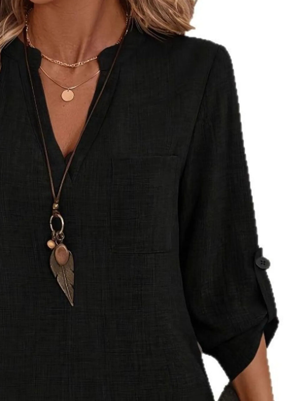 Notched Roll-Tab Sleeves Blouse b3476848-29a6-4168-8b92-565834cb4a32-Max-Origin