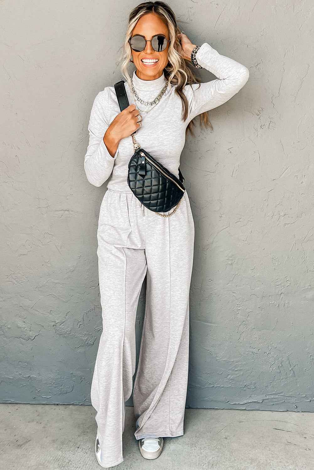 Light Grey Long Sleeve High Neck Slim Top Smocked Waist Central Seam Pants Set b3505d8531cc2d21