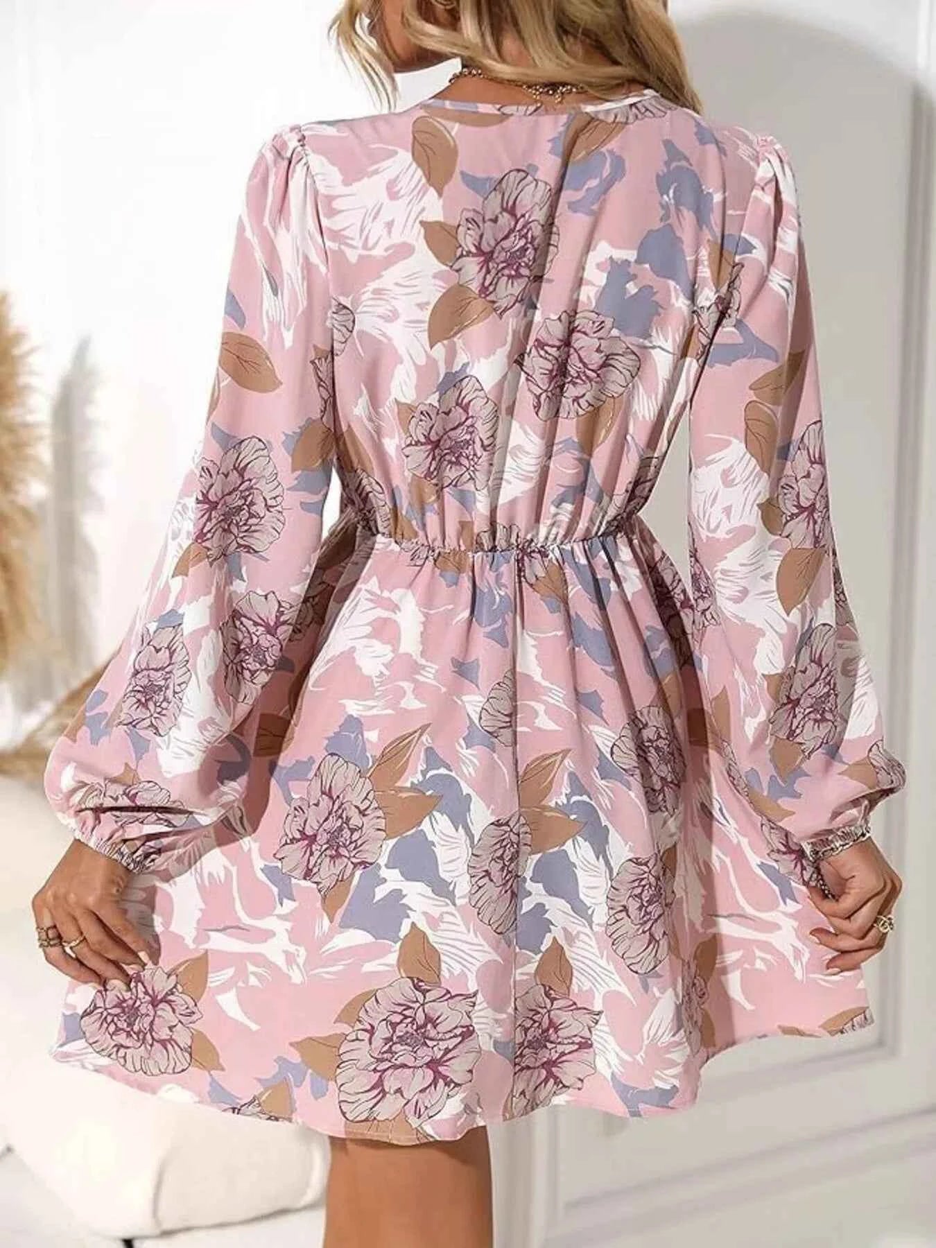 Floral Print Surplice Balloon Sleeve Dress b37627f66af54b12bee863d392cda6cc-Max-Origin