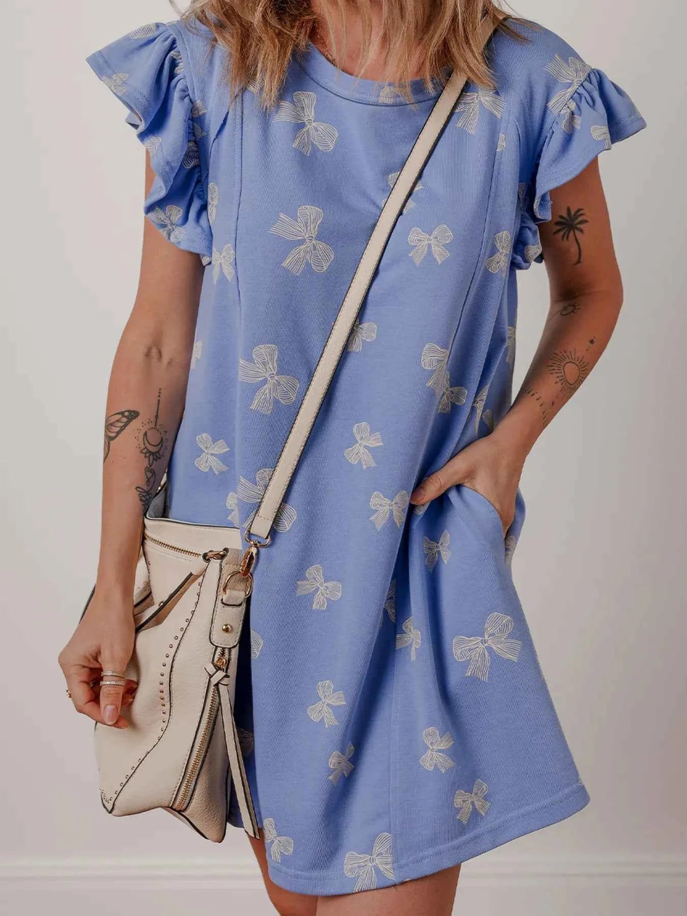 Bow Knot Print Crewneck Ruffled Sleeve Shift Mini Dress Light Blue b3790d073109439e8ca64d8efc08d201-Max-Origin
