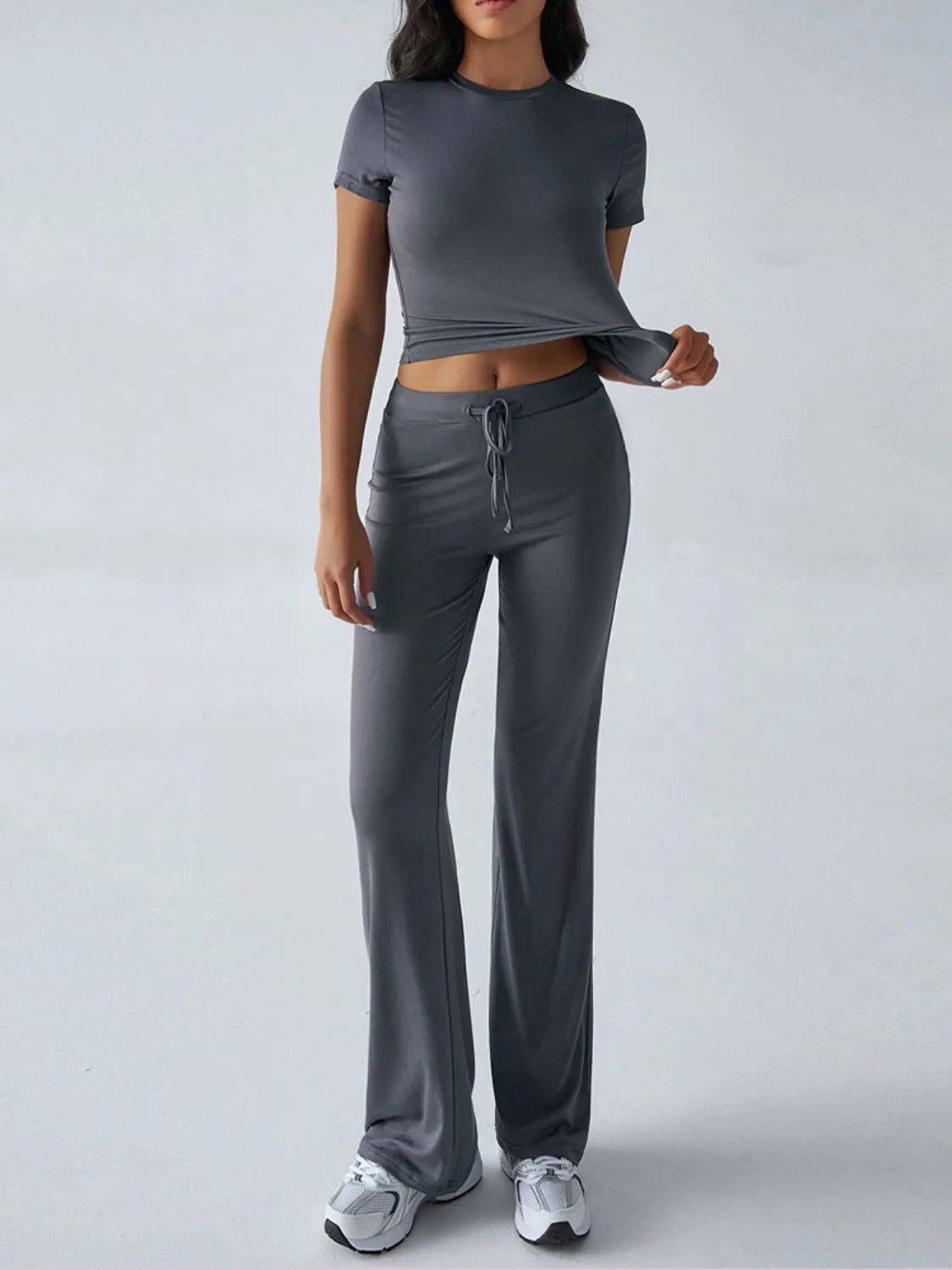 Round Neck Short Sleeve Top and Pants Set Dark Gray b3886c70-6f28-4ae5-aa14-fa922aa11efe-Max-Origin