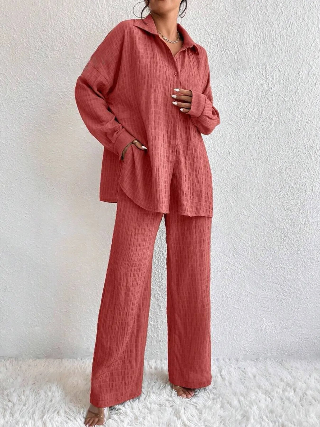 Button Up Long Sleeve Shirt and Pants Set b3896c375f20451092afb302f98c829a-Max-Origin
